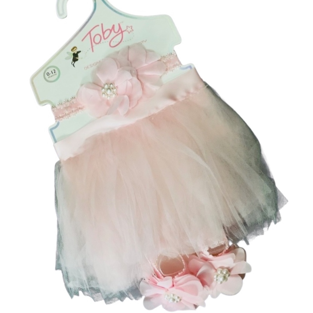 TOBY NYC 3 Pc Baby Girls Pink Tulle Flower Tutu, Headband & Booties Set 0-12M